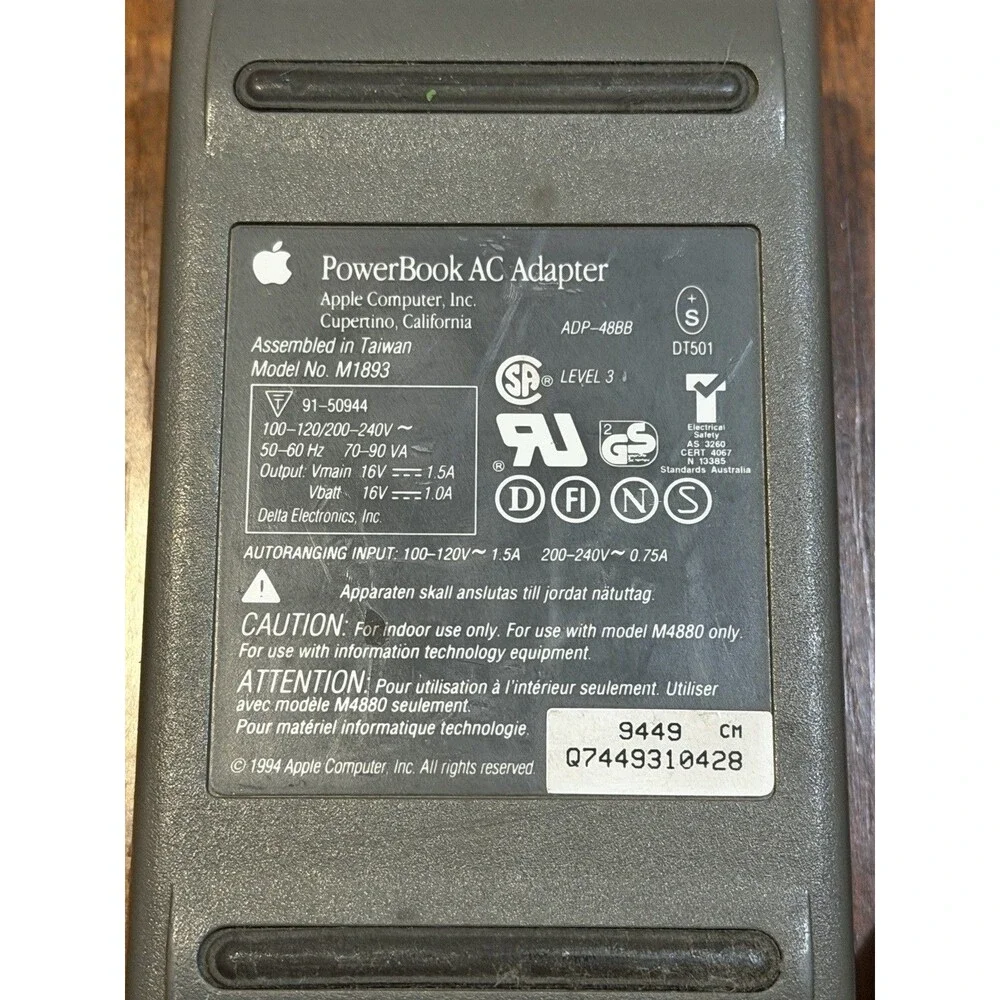 Vintage OEM Apple M1893 PowerBook 500 520 540 550 AC Charger Power Supply
